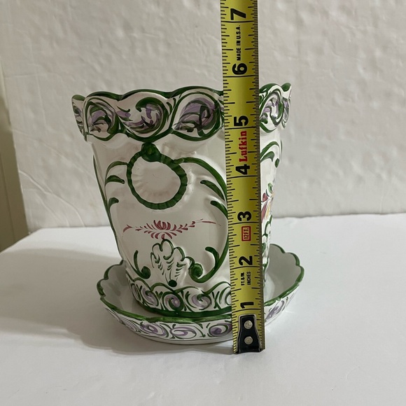 Vintage RCCL Portugal Hand Painted Floral Ceramic Green On White Flower Pot - Picture 12 of 12